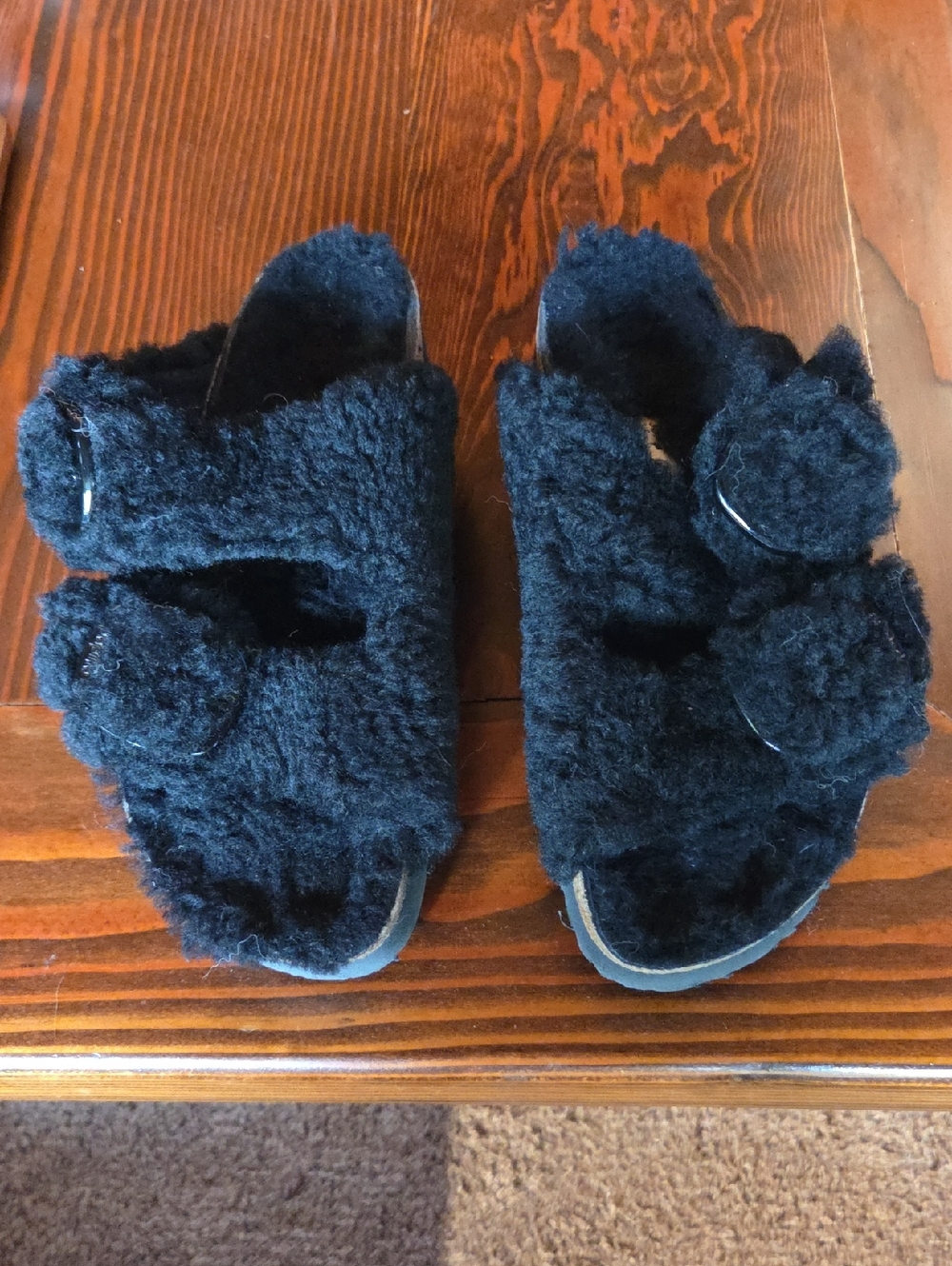 Papillio Black Fuzzy Slide Sandals with Dual Pom Straps